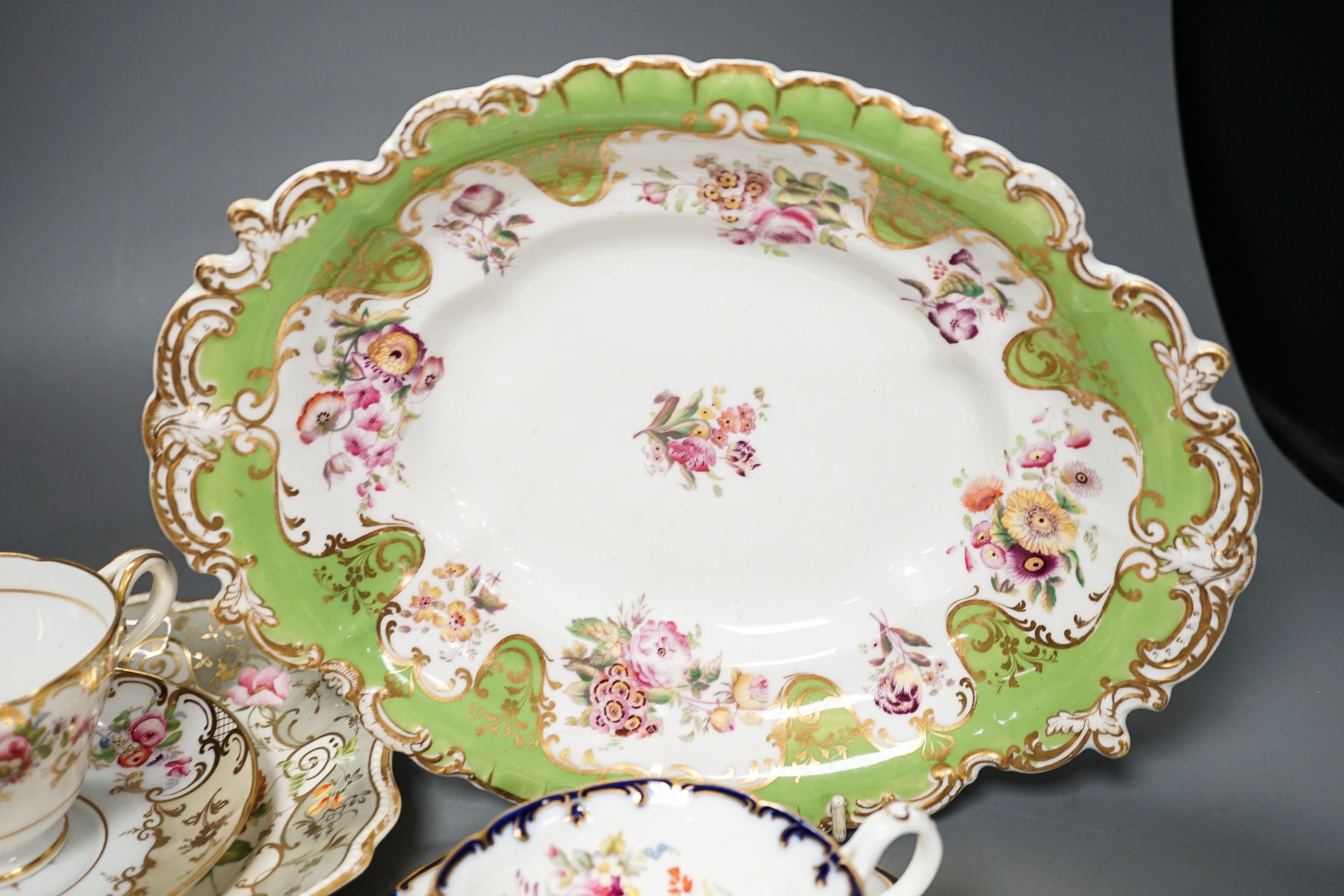 A Copeland and Garrett porcelain part dessert service, a Ridgway type porcelain part desert service and a Cauldon part tea set